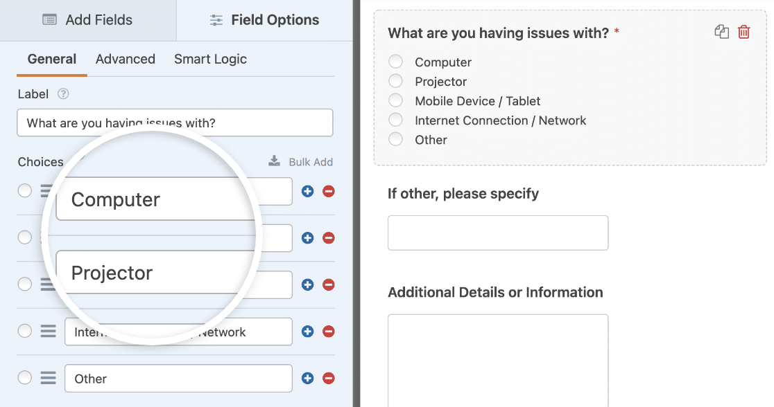 Editing the fields in the IT service request form template