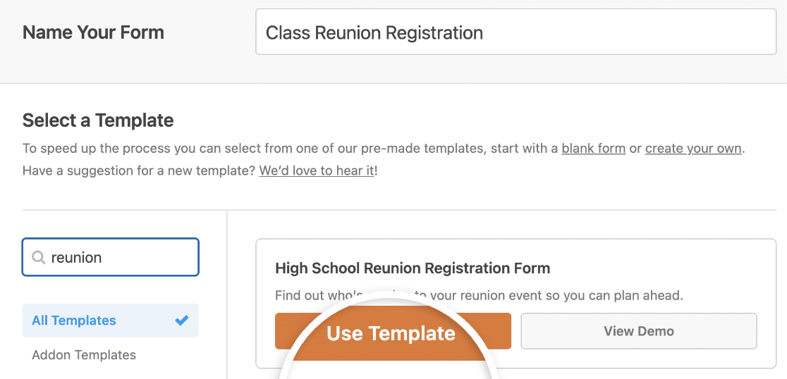 Selecting the High School Reunion Registration Form template