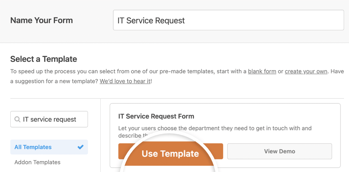 Choosing the IT service request template