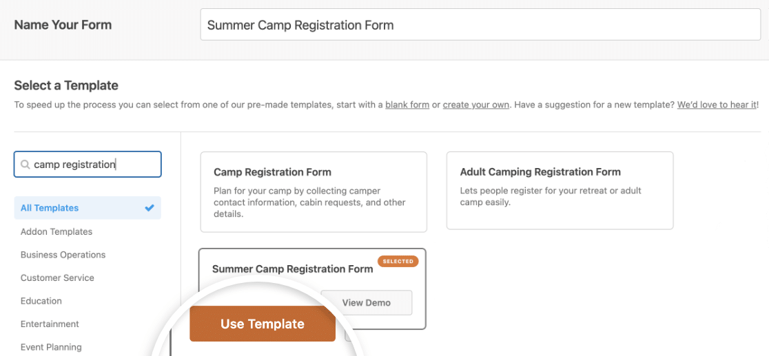 The WPForms camp registration form templates