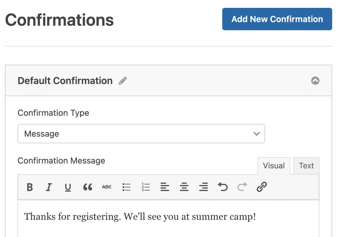 A summer camp registration form confirmation message