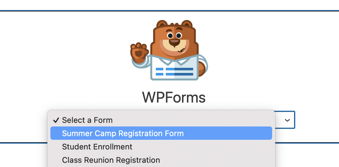 Selecting the summer camp registration form from the WPForms block