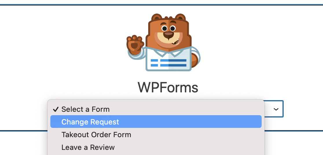 Choosing your change request form from the WPForms block