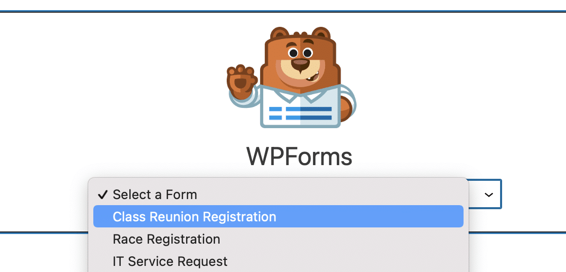 Choosing your class reunion registration form in the WPForms block