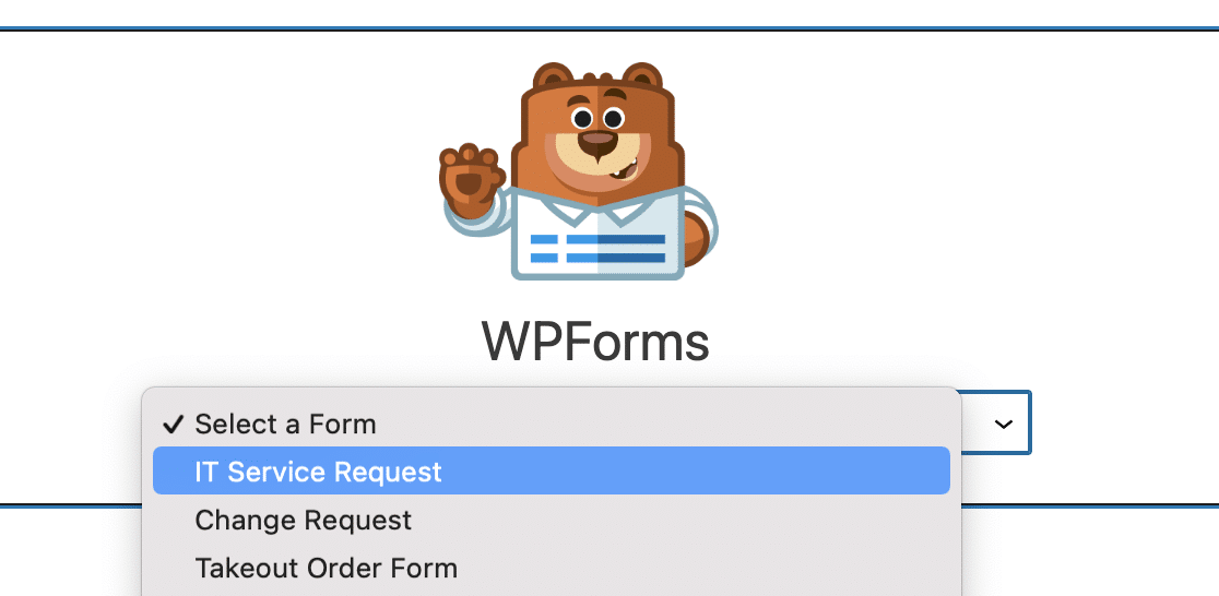 Select your IT service request form in the WPForms block