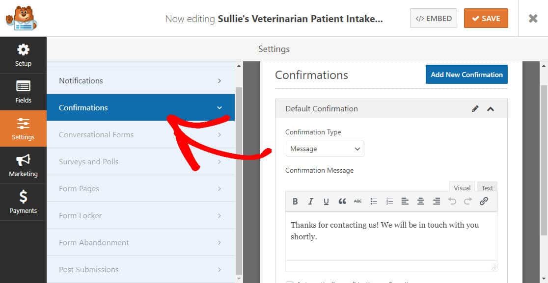 Confirmation Veterinarian Patient Intake Form