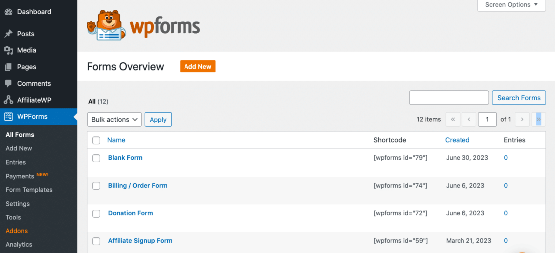 Forms overview section in WPForms