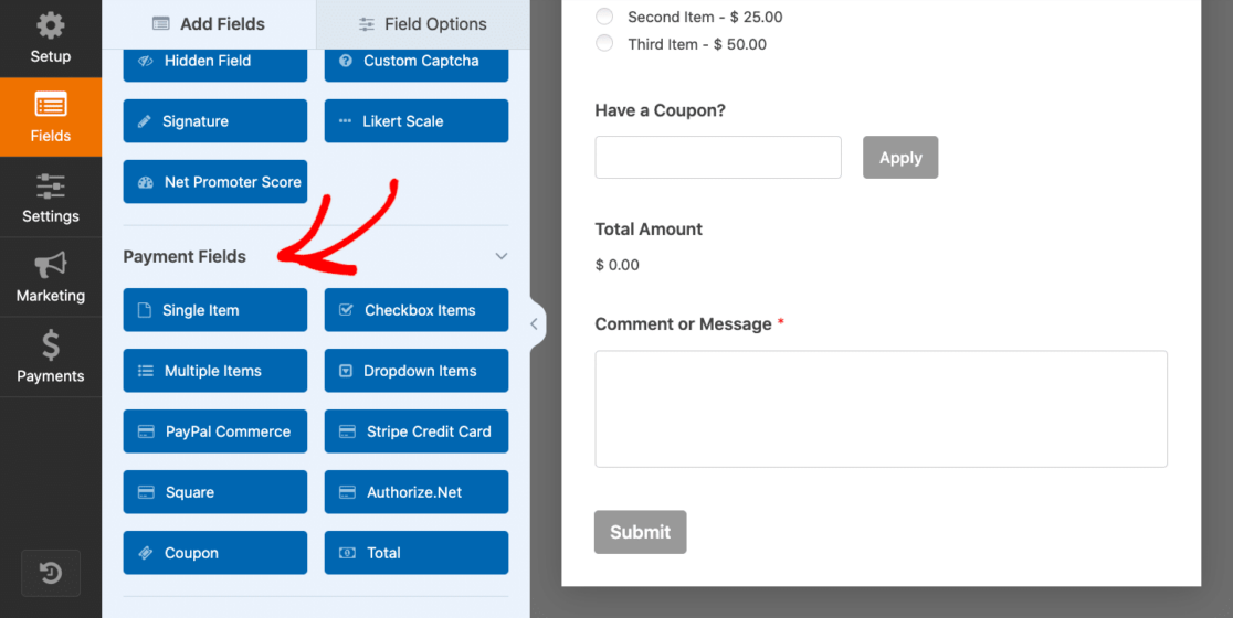 Selecting a payment field in the form builder