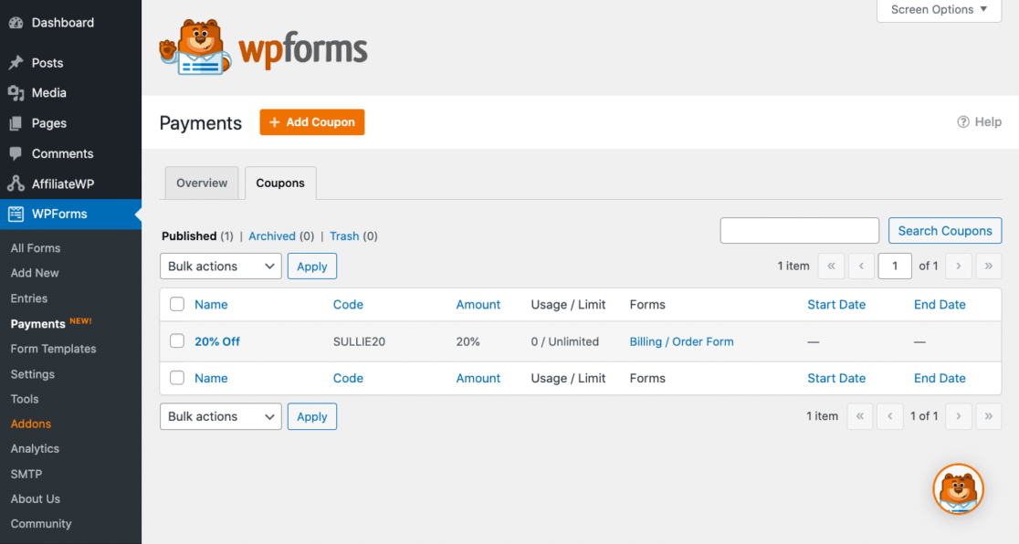 Coupons tab in WPForms payments