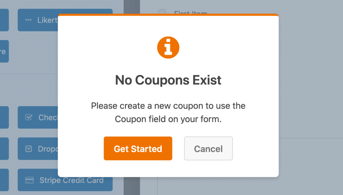 No coupons error message in form builder