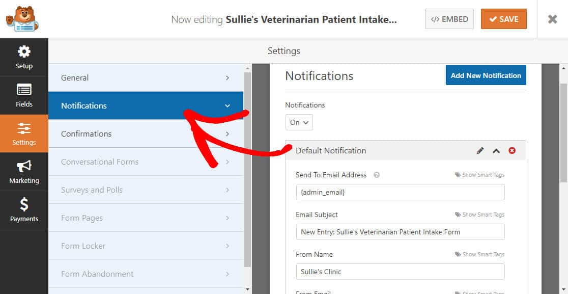 Notifications Veterinarian Patient Intake Form
