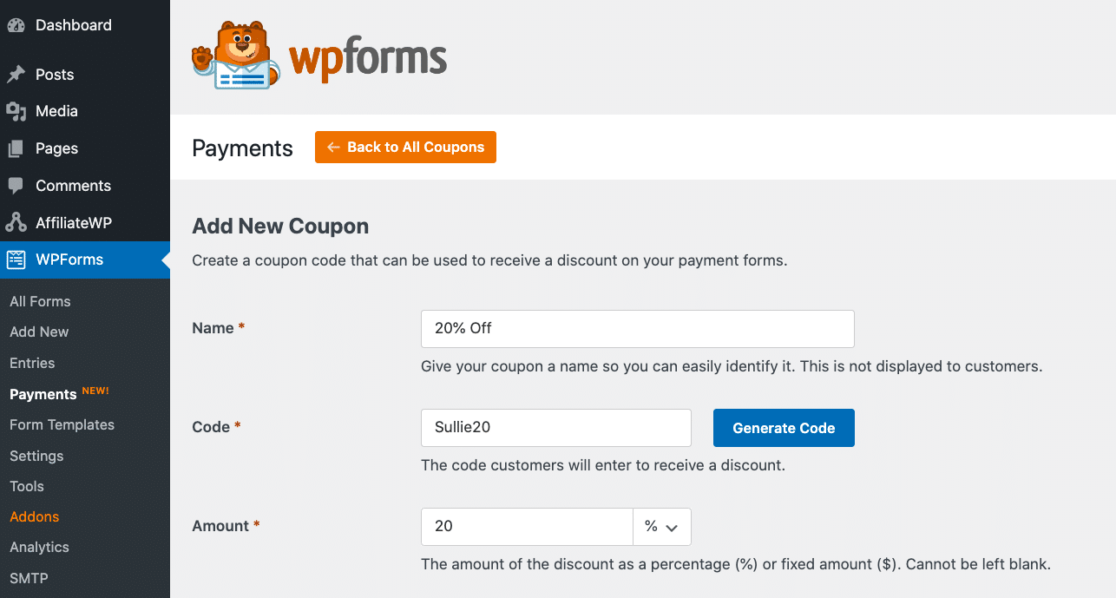 Adding a new coupon in WPForms