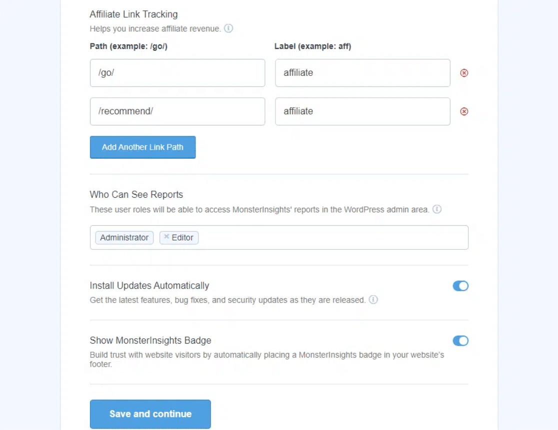 Recommended settings screen