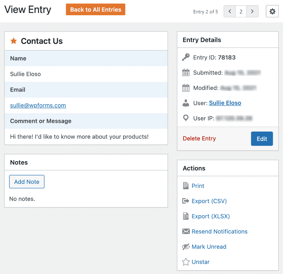 Viewing an individual entry page in WPForms