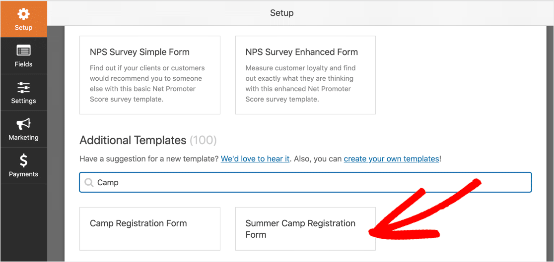 WPForms camp registration form template