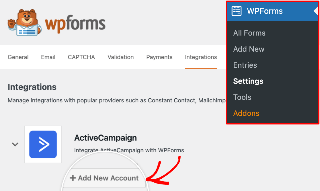 Adding a new ActiveCampaign account in your WPForms settings
