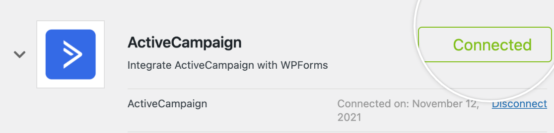 A successful ActiveCampaign connection in WPForms