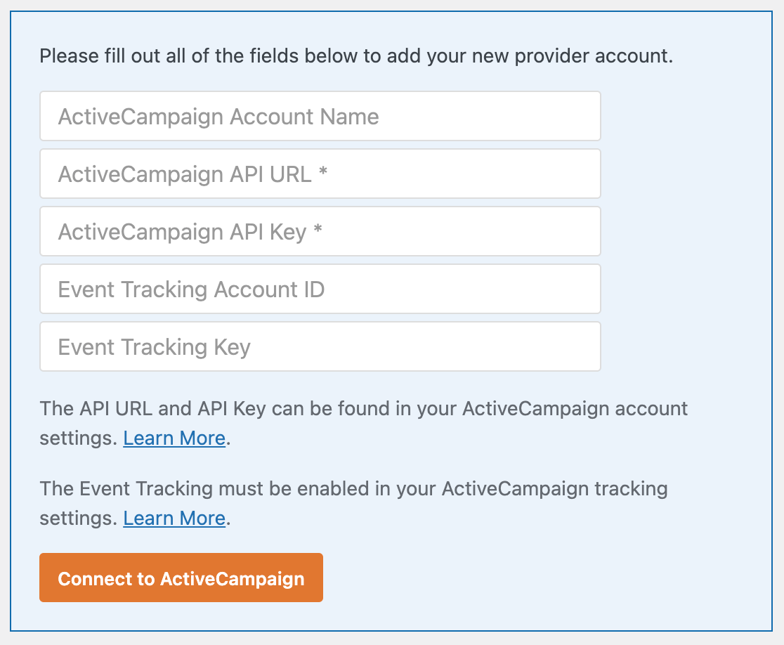 The ActiveCampaign settings in WPForms