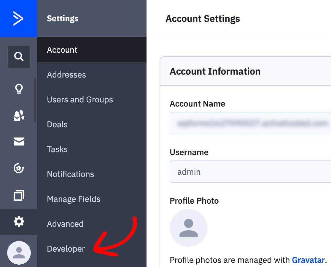 Opening your Developer settings in ActiveCampaign