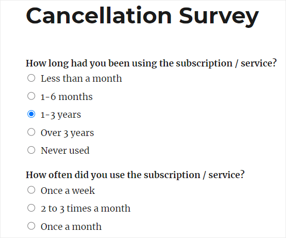 cancellation survey form finished in wordpress