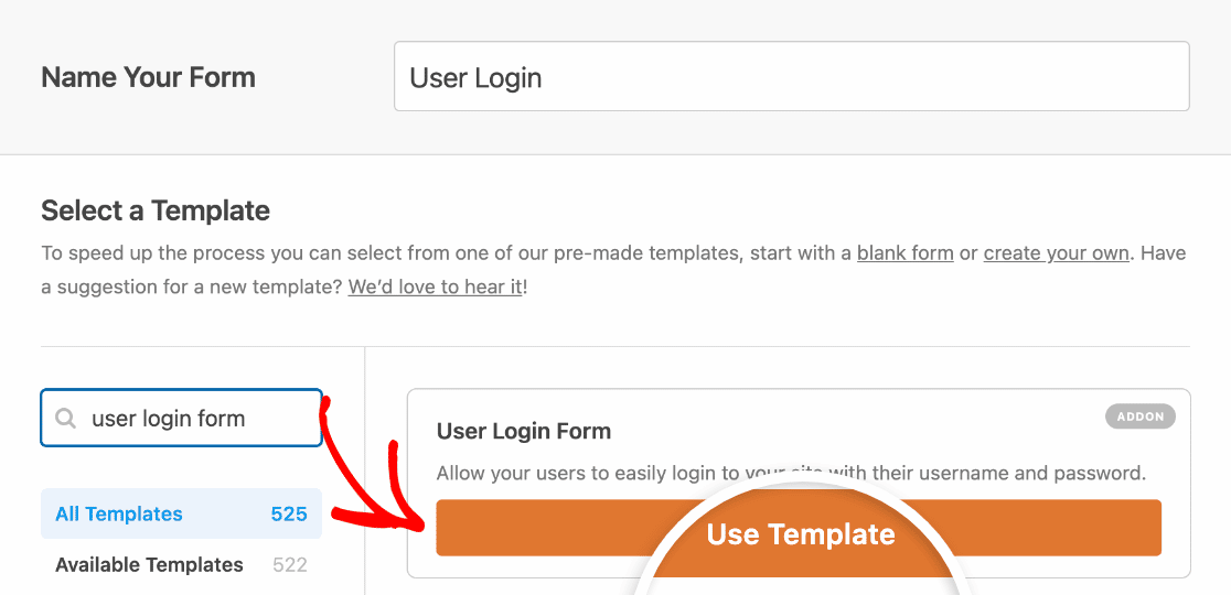 Selecting the User Registration Form template