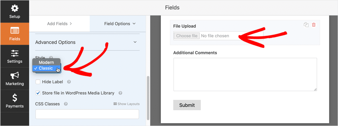 Switch to Classic File Upload field