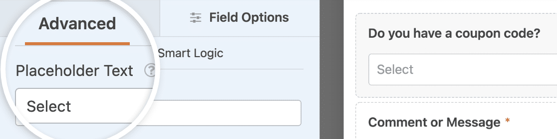 Adding placeholder text to a coupon code form Dropdown field