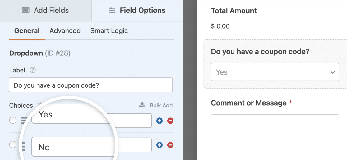 Customizing a Dropdown field for a coupon code form
