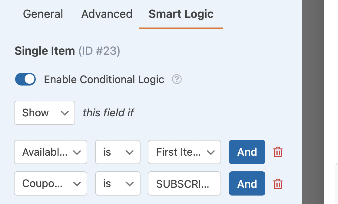 Setting conditional logic rules for a discounted item in a coupon code form