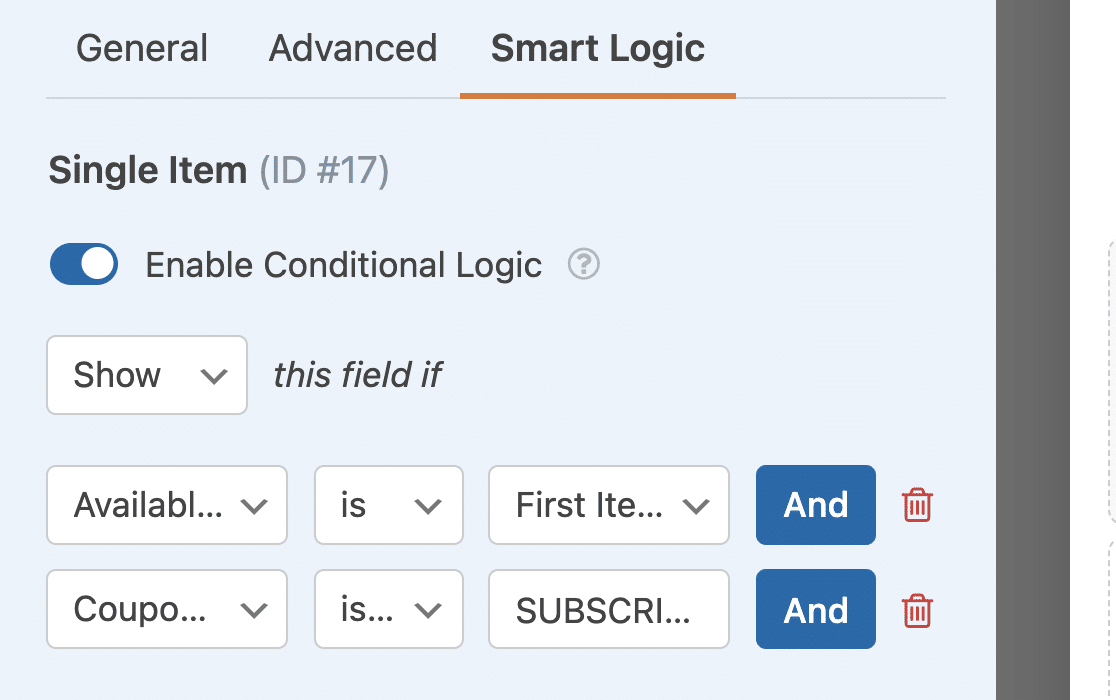 Setting up conditional logic rules for a full price item in a discount code form