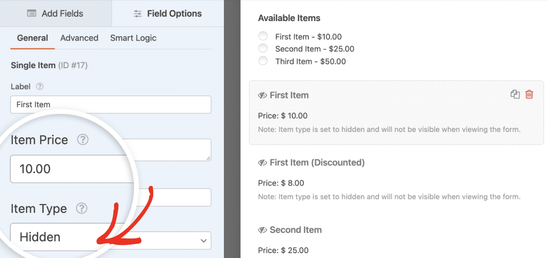 Changing the item type to hidden for a full price item in a coupon code form