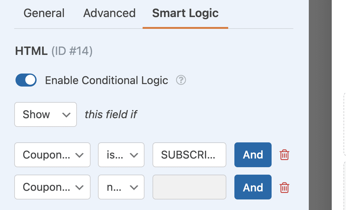 Creating a conditional logic rule to only show a message if a user enters something in the coupon code field