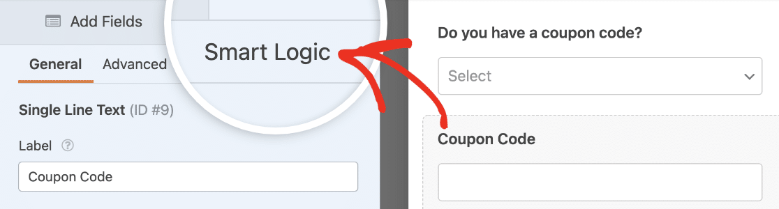 Opening the Smart Logic options tab for a coupon code field