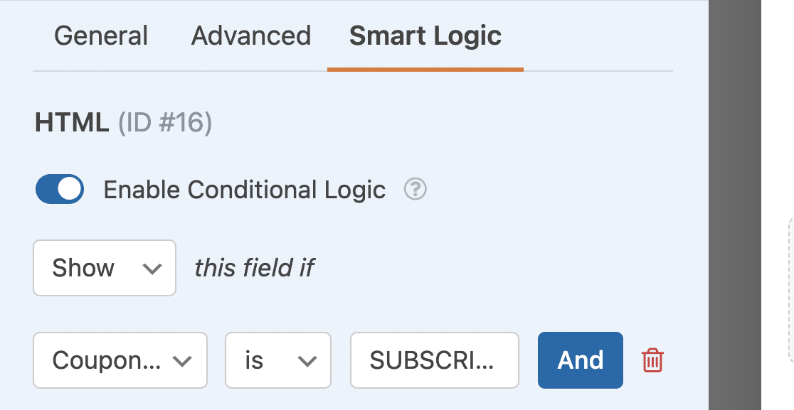 Setting up conditional logic to show a validation message if a user enters a valid coupon code