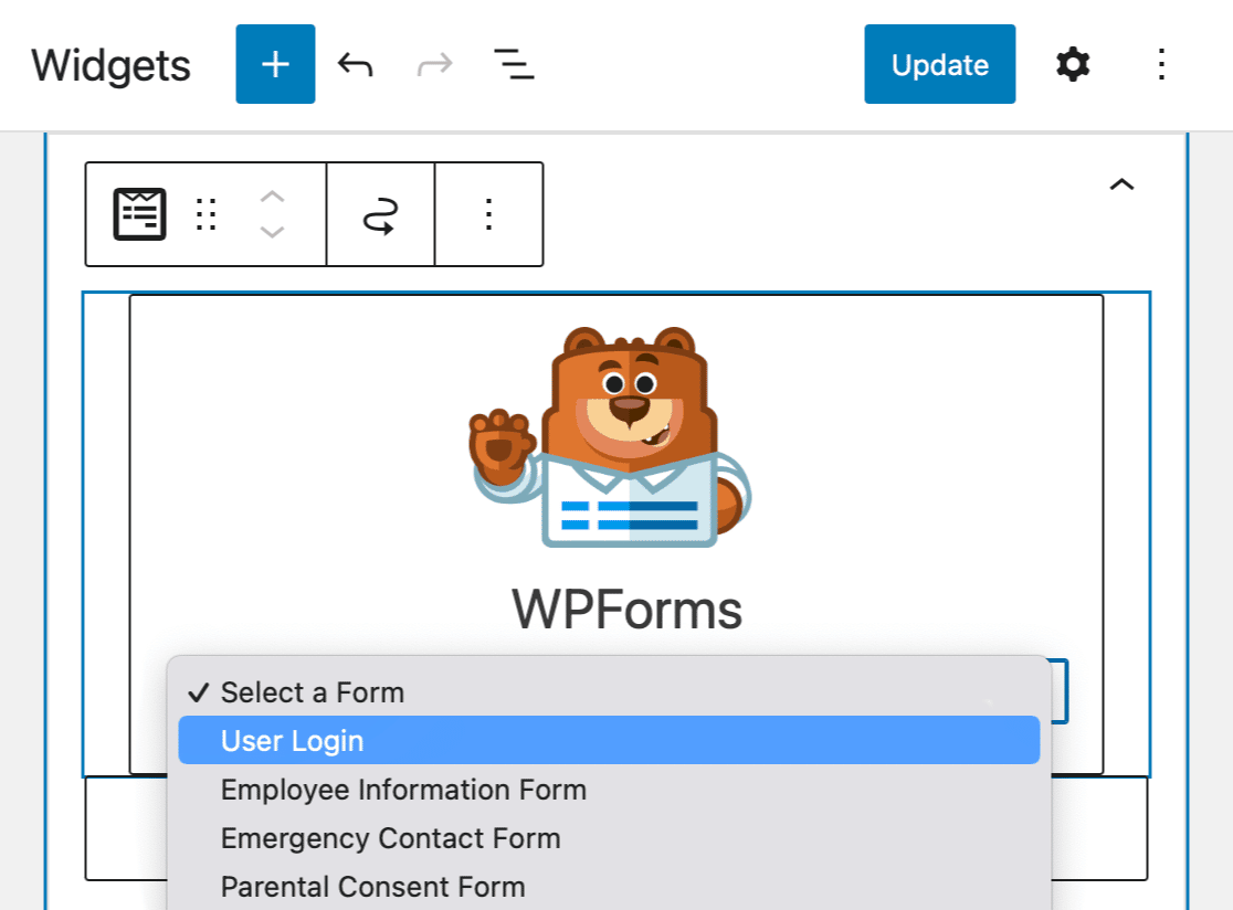 Adding a WPForms block with your user login form to a widget