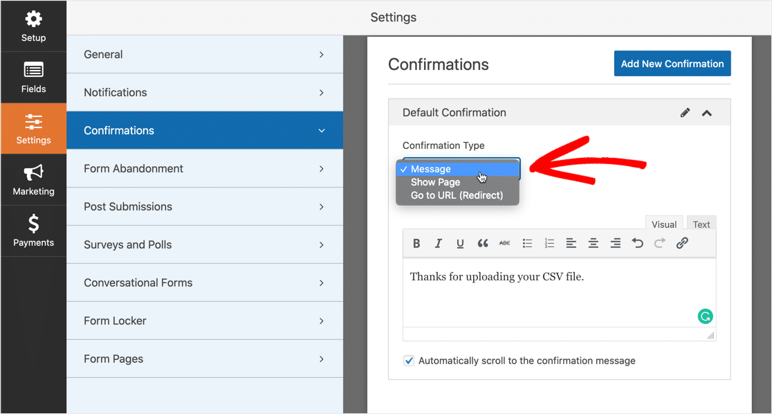 Configure CSV file upload confirmation message