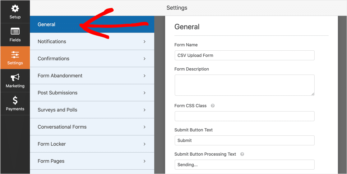 CSV upload form general settings