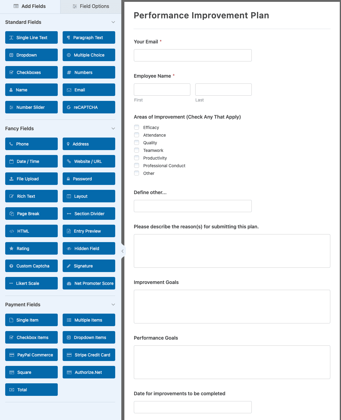 The Performance Improvement Plan Form template in the form builder