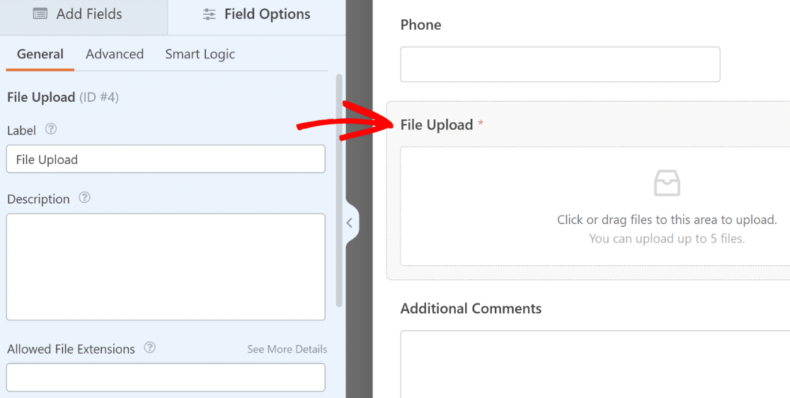 File upload field options