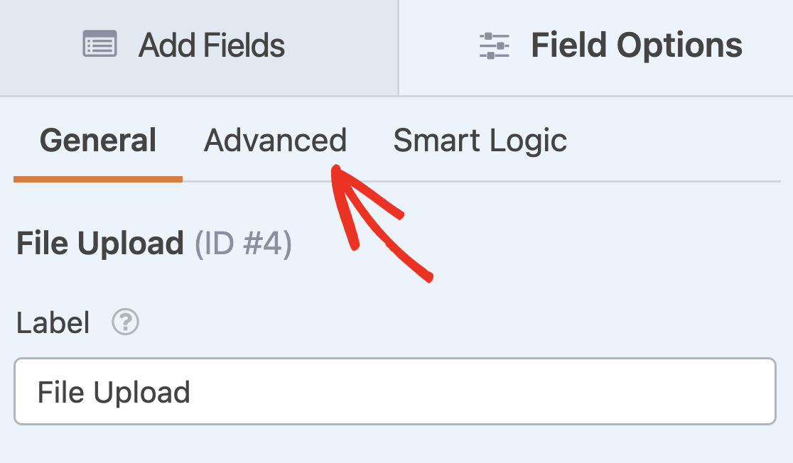 Opening the advanced options for a File Upload field
