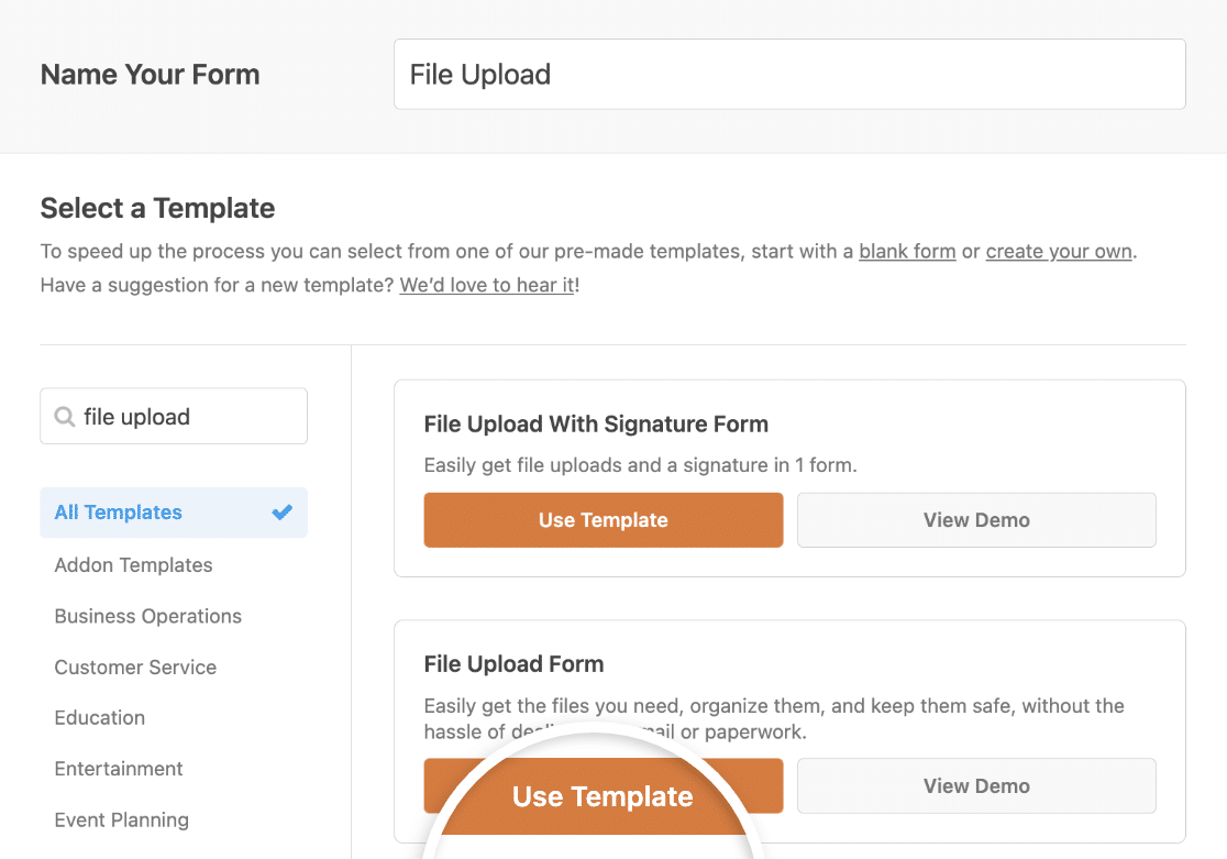 Choosing a file upload form template