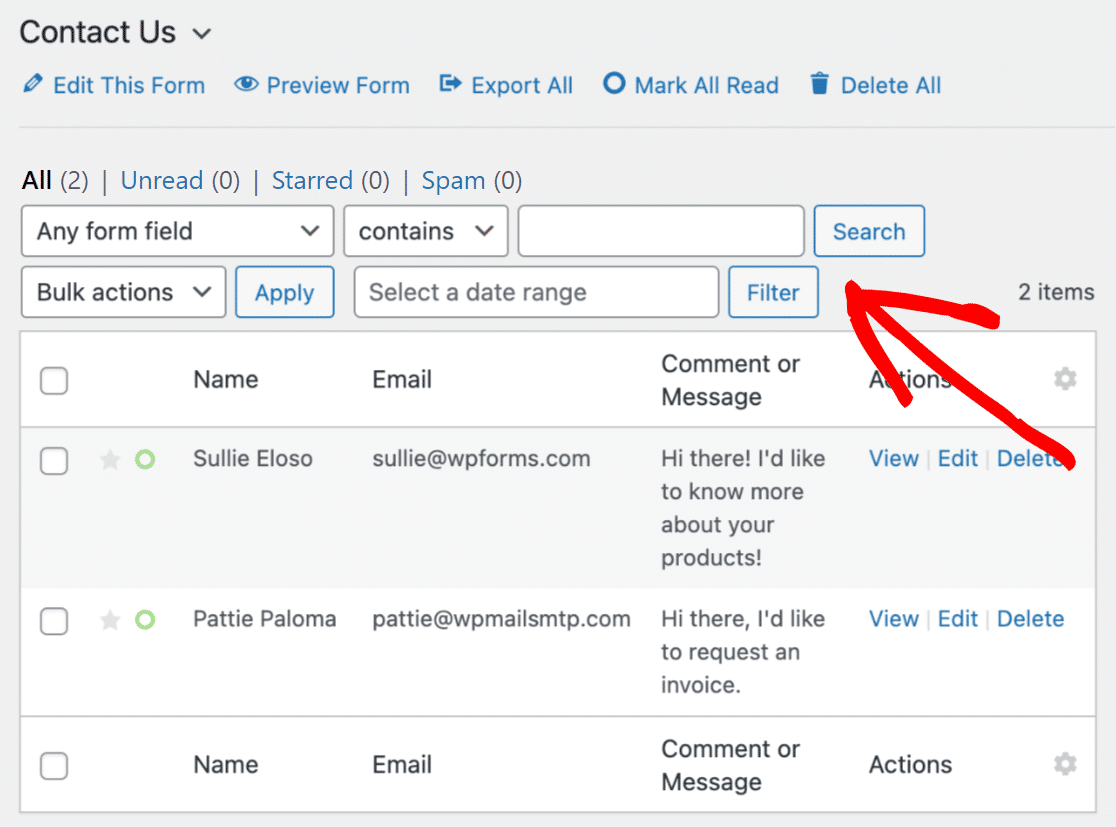 Filtering entries for a form