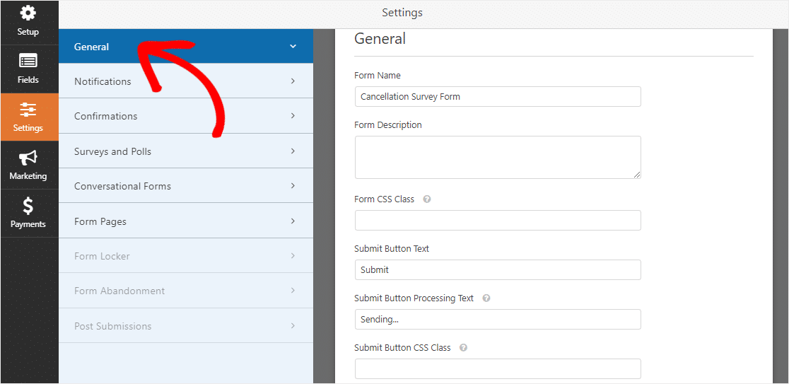 find wpforms general settings on survey cancellation form