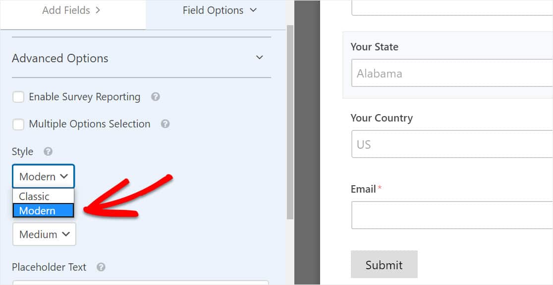 how to change wpforms dropdown styling from classic to modern