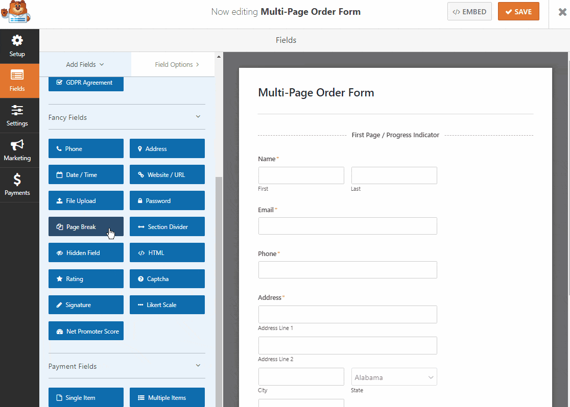 multipage order form in action