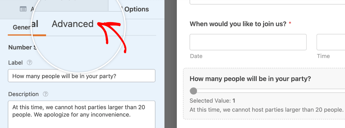 Opening the advanced options for a Number Slider field