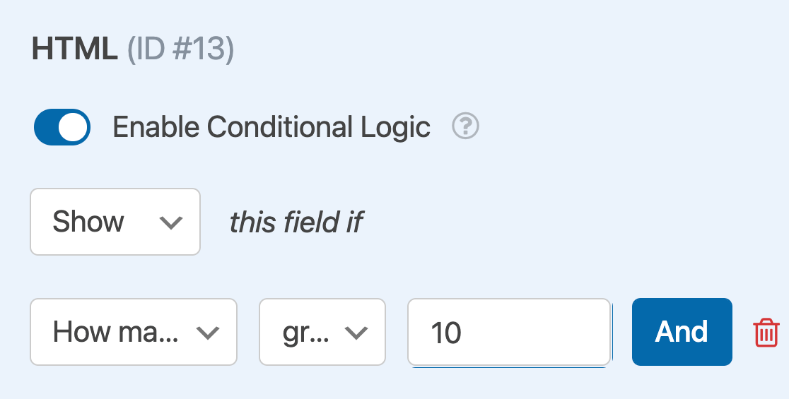 Creating a conditional logic rule to show an HTML based on users' selections from a number slider