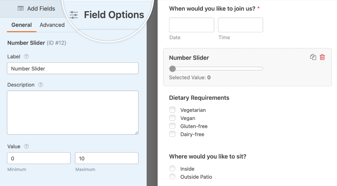 The field options for the Number Slider field