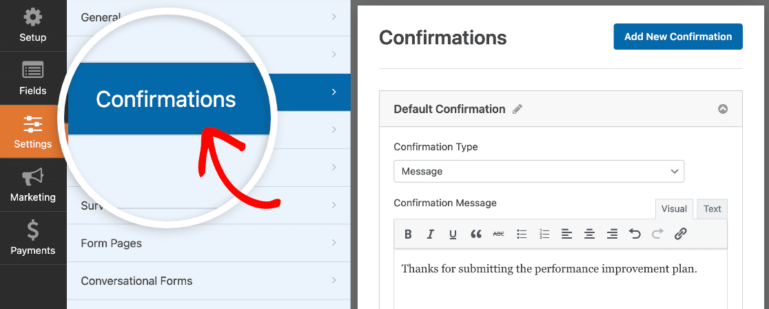 Opening the confirmations settings for a PIP form in WPForms