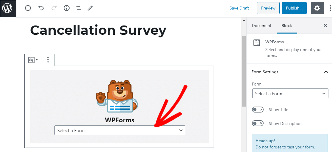 select survey cancellation form in wpforms widget